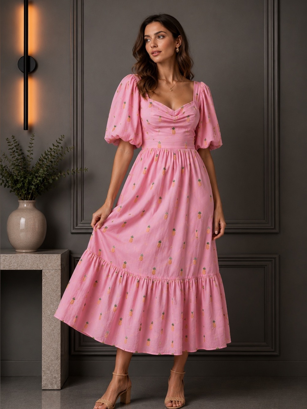 Farm rio Embroidered Pineapples Pink Midi Dress B565